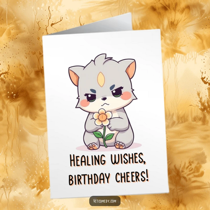 Funny Free Printable Birthday Card: Determined creature tending to a tiny, bandaged flower, spreading birthday cheer.