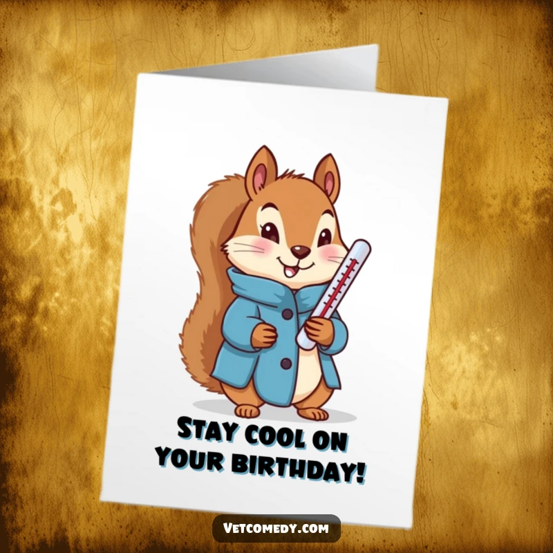 Funny Free Printable Birthday Card: Determined squirrel in a blue coat holding a thermometer, looking ready to check a temperature.
