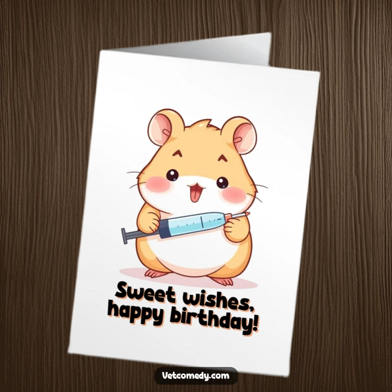 Funny Free Printable Hamster Birthday Card, cheerful hamster with syringe and lollipop, sweet birthday surprise, DIY downloadable art.