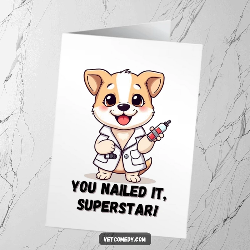 Funny Free Printable Congratulations Card: Joyful dog vet in lab coat with syringe, celebrating a successful outcome.