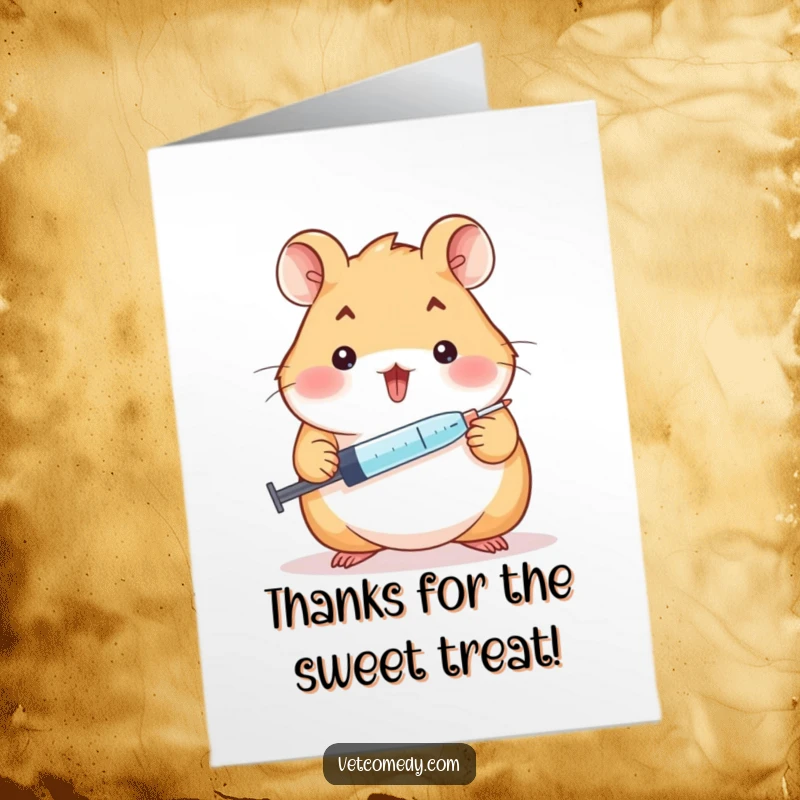 Funny Free Printable Hamster Thank You Card, cheerful hamster with syringe and lollipop, expressing gratitude, DIY downloadable art.