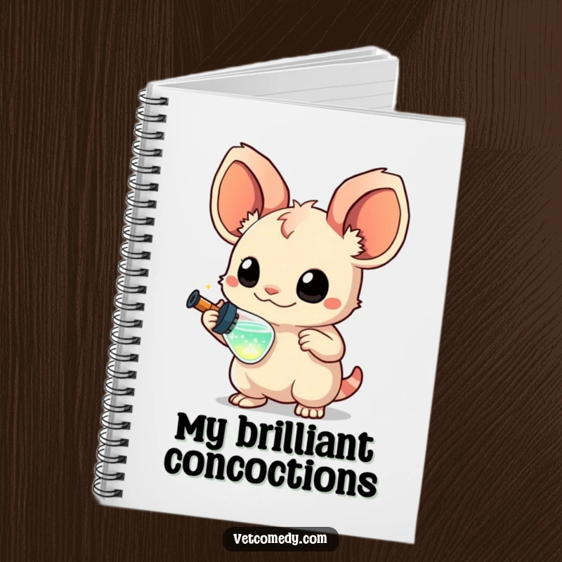 Funny notebook with a creature with large, curious ears holding a miniature syringe filled with sparkling liquid, perfect for journaling, curious student gift.