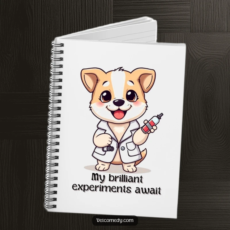 Funny notebook cover with a cheerful dog in a lab coat, holding a syringe, perfect for jotting down notes.
