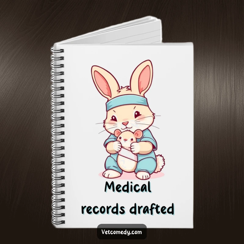 Funny notebook cover with a rabbit in scrubs bandaging a toy mouse, perfect for jotting down notes and ideas.