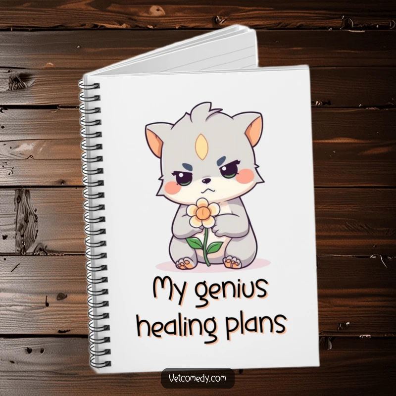 Funny notebook cover with a determined creature bandaging a small flower. Ideal for journaling, note-taking, with a humorous touch.