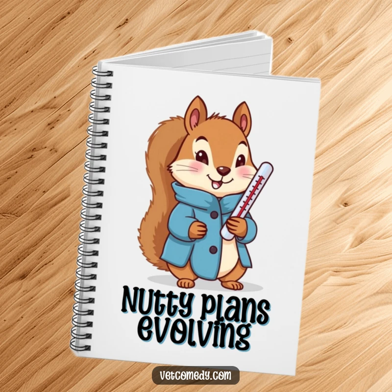 Funny notebook cover with a determined squirrel in a blue coat holding a thermometer, perfect for jotting down notes.