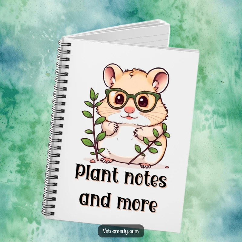 Funny notebook cover with a hamster wearing small glasses, examining a plant, perfect for journaling thoughts.