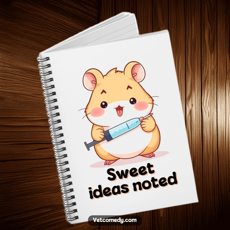 Funny hamster doctor notebook, a cheerful hamster holding a syringe and offering a tiny lollipop, perfect for jotting notes. A funny writing gift.