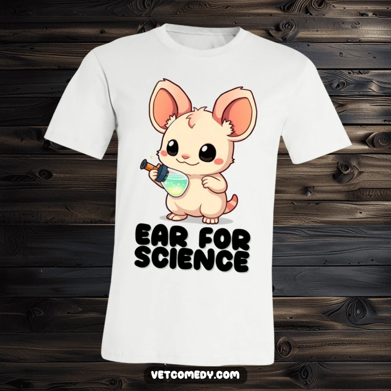 Funny t-shirt depicting a creature with large, curious ears holding a tiny syringe with sparkling liquid, whimsical design, fun animal graphic.