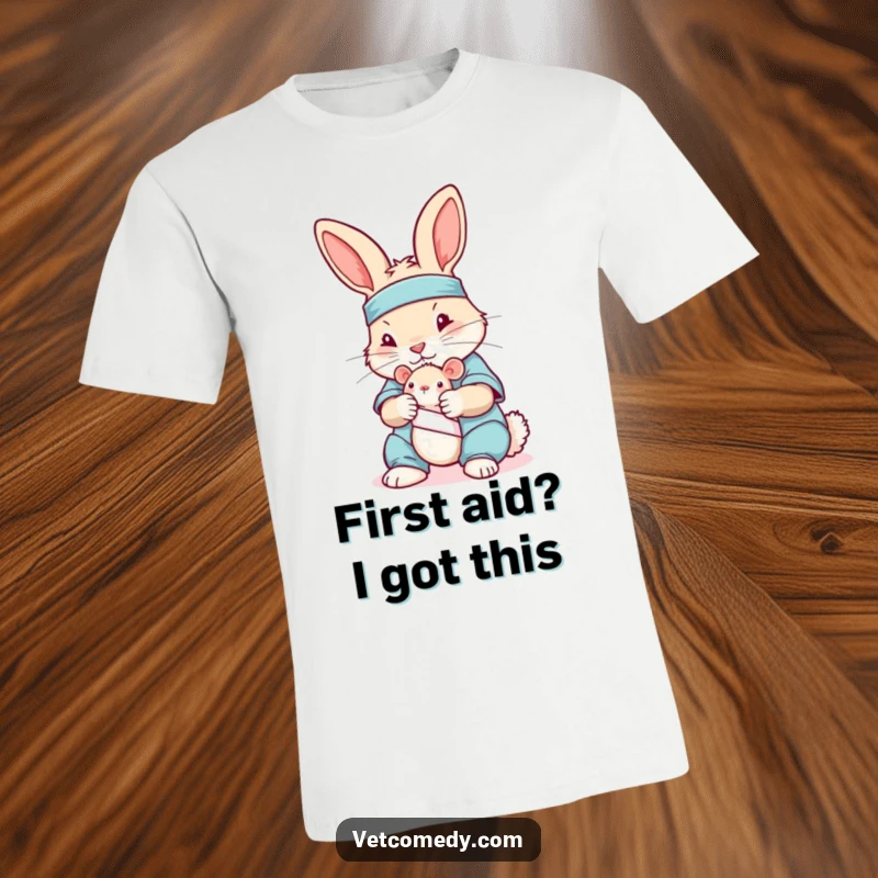 Funny T-shirt with a rabbit in scrubs bandaging a toy mouse, conveying a cute and humorous medical theme.