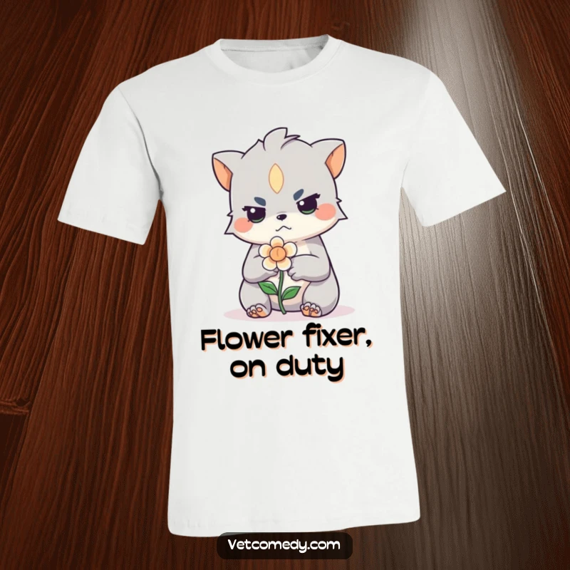 Funny t-shirt showcasing a creature with a focused expression gently applying a bandage to a tiny, drooping flower. Humorous and heartwarming design.