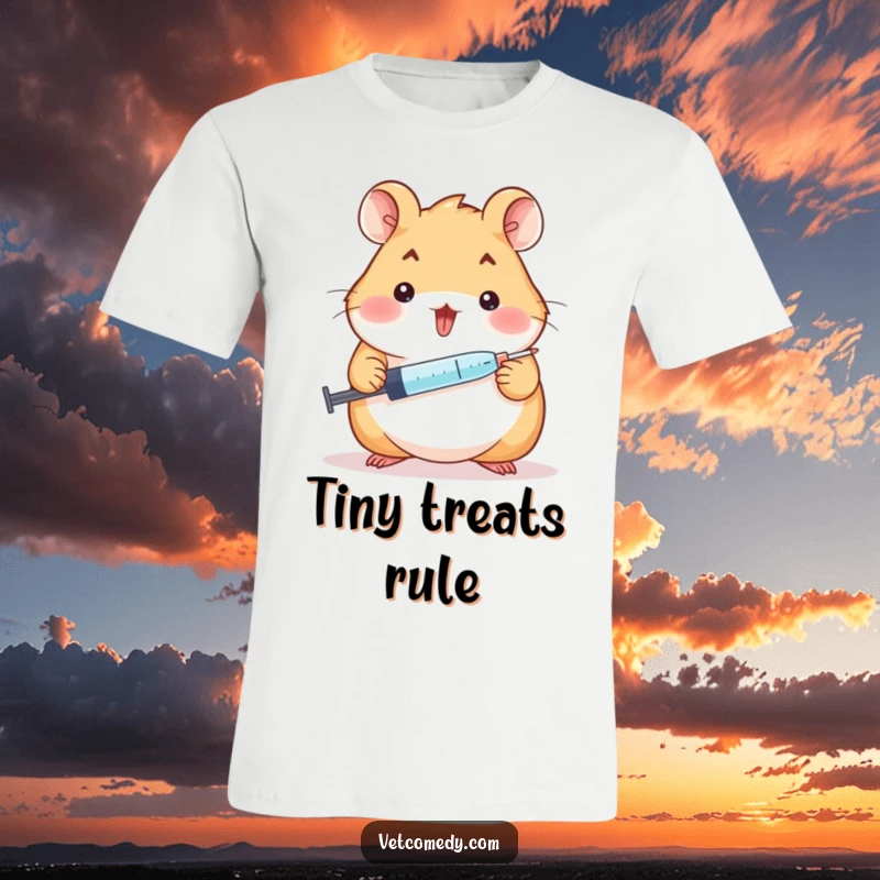 Funny hamster doctor t-shirt, a cheerful hamster holding a syringe and offering a tiny lollipop, promoting sweetness. A great funny gift.