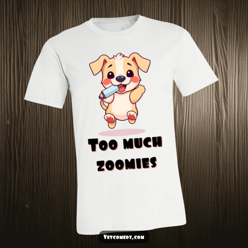 Funny puppy thermometer t-shirt, a playful dog bouncing with excitement holding a thermometer in its mouth, expressing pure joy. Perfect funny gift.