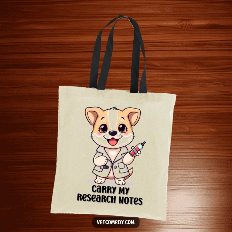 Funny tote bag with a cheerful dog in a medical lab coat, clutching a small syringe, perfect for shopping trips.
