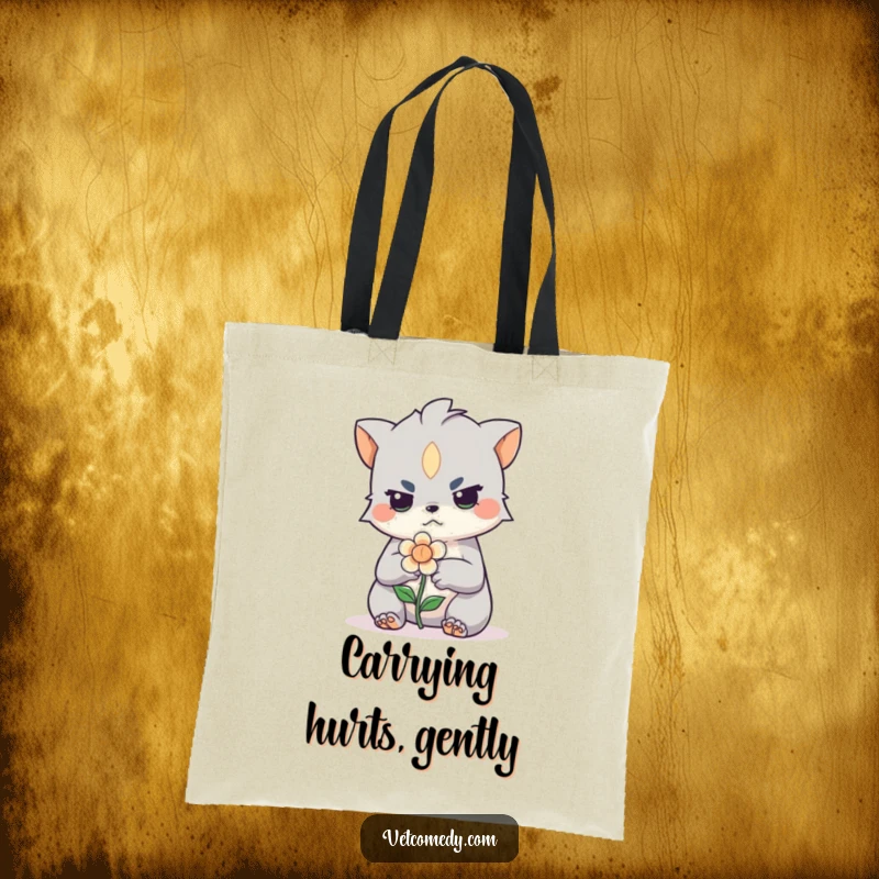 Funny tote bag illustration of a determined creature gently bandaging a tiny, injured flower. Eco-friendly, stylish, and humorous.