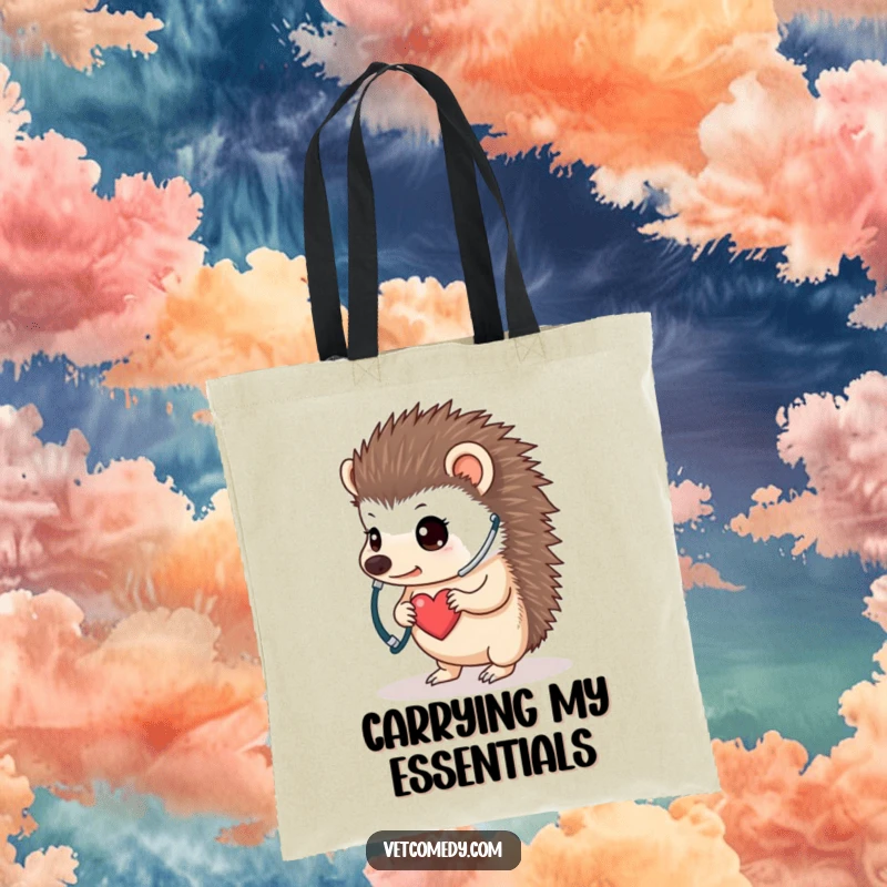 Funny hedgehog doctor tote bag, a determined little animal carrying a stethoscope while listening to its own heart, showing cute bravery. Great funny gift.