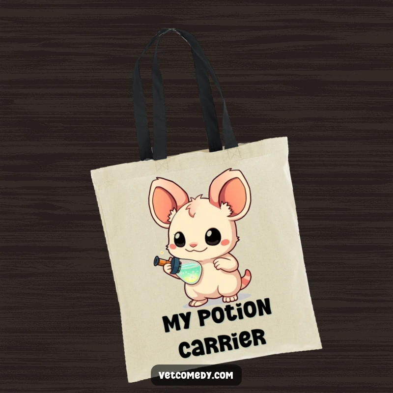 Funny tote bag showcasing a creature with large, curious ears holding a miniature syringe filled with sparkling liquid, whimsical accessory, animal art tote.