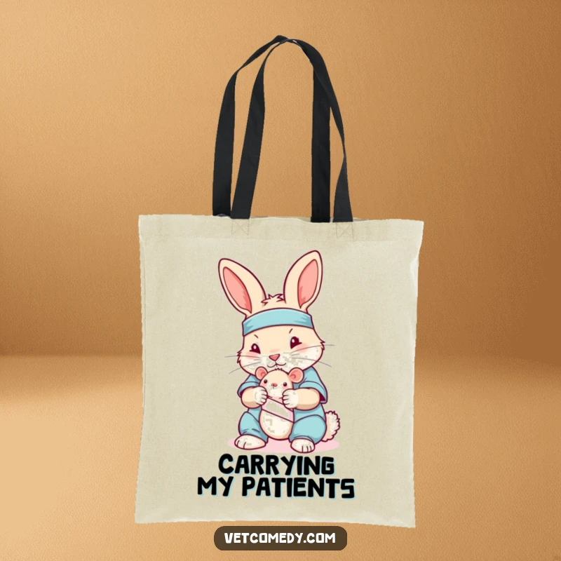 Funny tote bag with a rabbit in scrubs bandaging a toy mouse, great for carrying medical supplies or daily items.