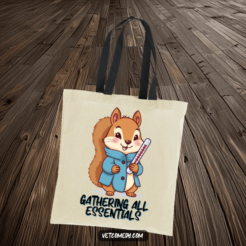Funny tote bag with a determined squirrel in a blue coat holding a thermometer, perfect for carrying daily needs.