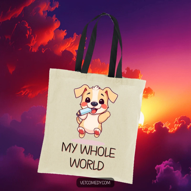 Funny puppy thermometer tote bag, a playful dog bouncing excitedly holding a thermometer in its mouth, showcasing happiness. Ideal funny gift.