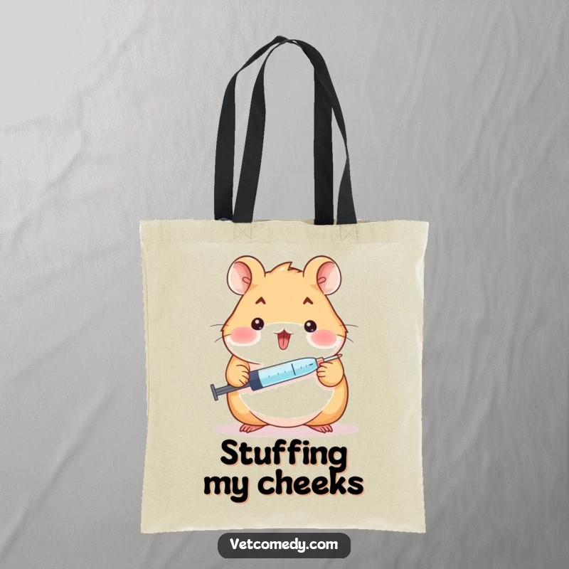 Funny hamster doctor tote bag, a cheerful hamster holding a syringe and offering a tiny lollipop, showcasing sweetness. Ideal funny gift.